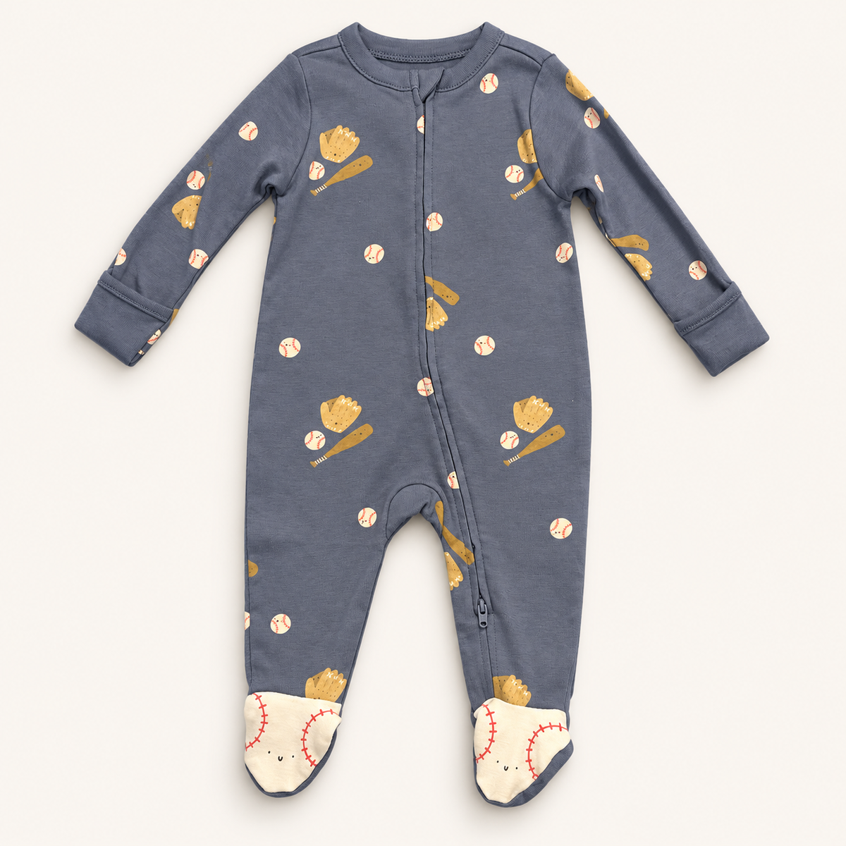 Mono gris de béisbol talla 3-6M, vista frontal con cierre y pies decorados
